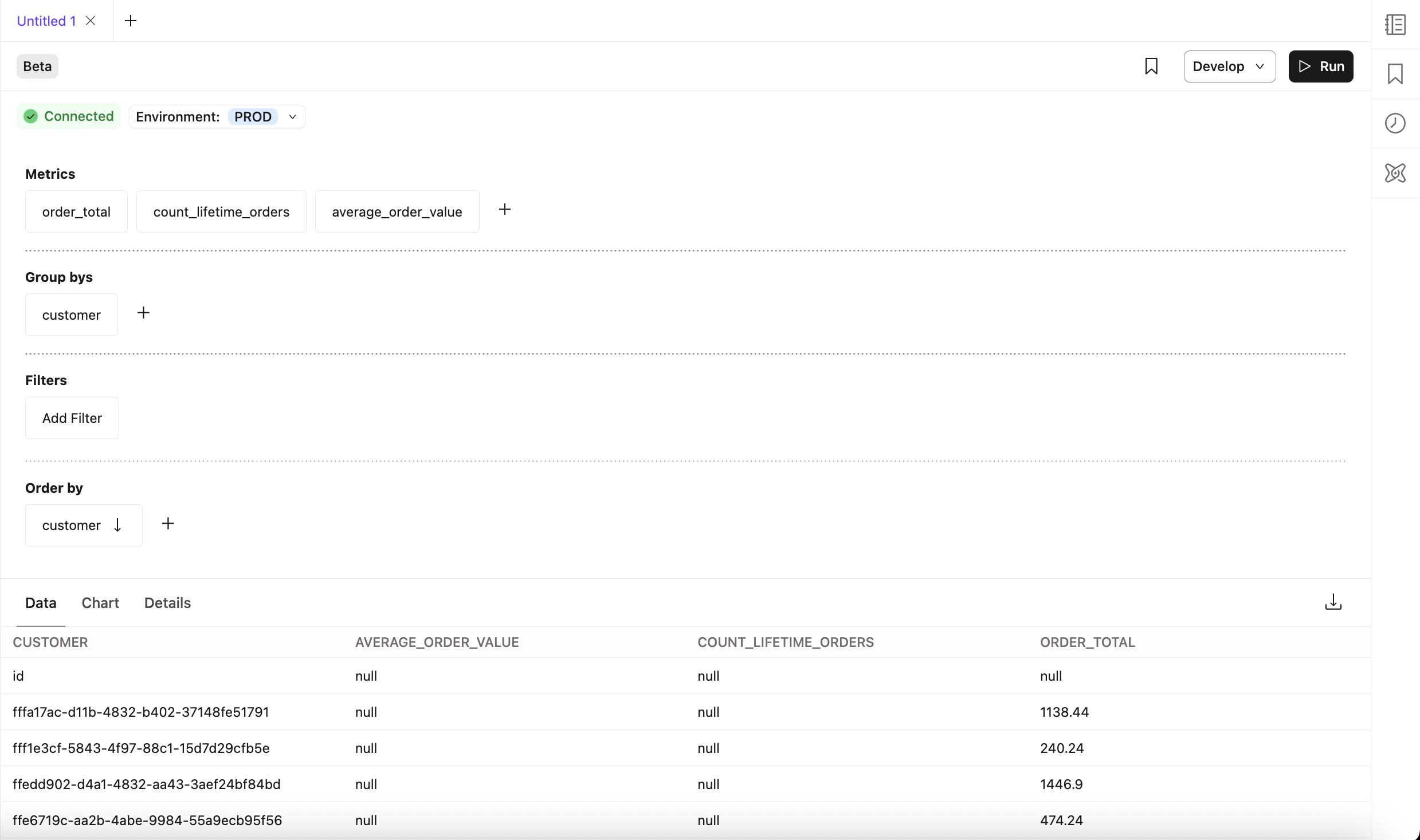 Results are displayed in the Data tab Results are displayed in the Data tab